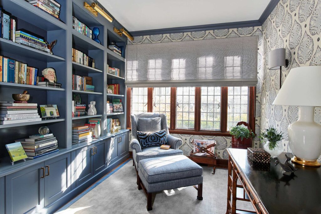 marble column & wall panels Classic Blue Makeover - Kathryn Cook Interiors